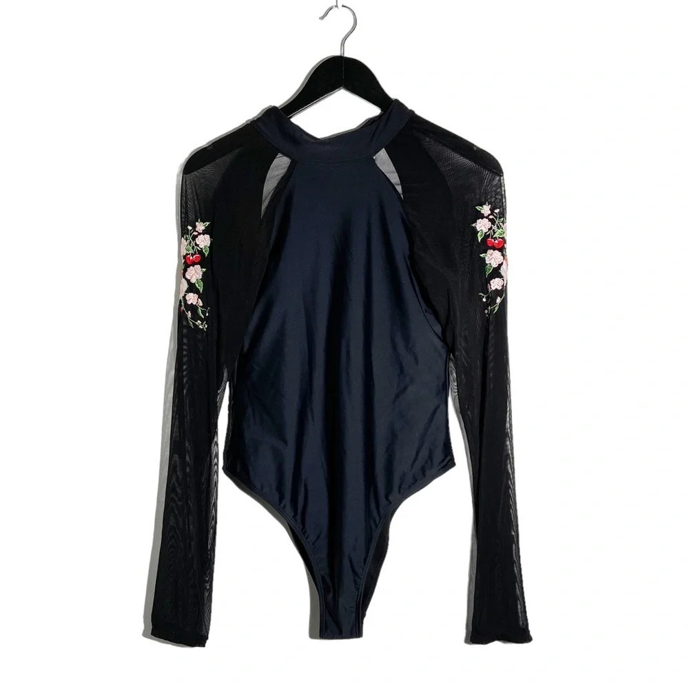 New Skinny Dip by Melissa One Piece Long Sleeve Sheer with Flower embroidery